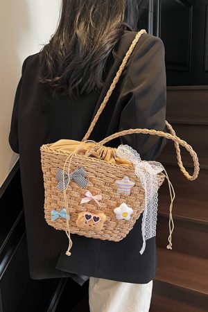 Summer Woven Straw Beach Bag for Women - 2025 Vacation Shoulder Tote, Island Style Vegetable Basket Bag