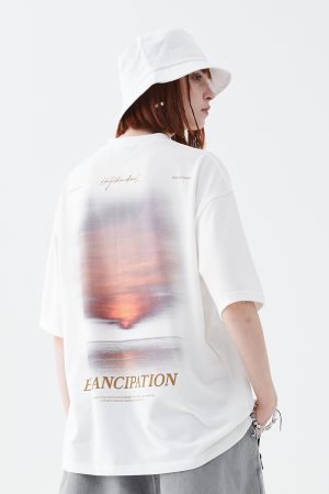 Sunset American Street Short Sleeve Pure Cotton T-Shirt for Couples - Trendy 90s Inspired Fashion