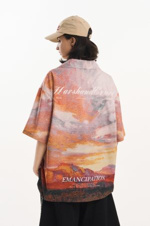 Sunset Oil Painting Style Full Print Short-Sleeve Shirt - Artistic Graphic Tee, Y2K Aesthetic, Trendy Casual Wear