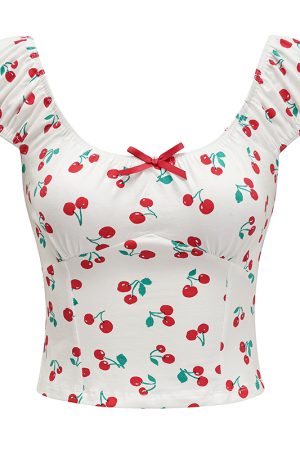 Sweet and Spicy Cherry Print Off-Shoulder Short Sleeve T-Shirt for Women - Summer Slim Fit European & American Style Top