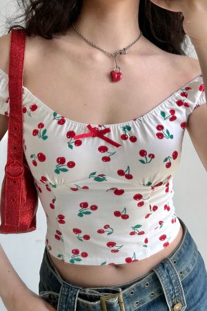 Sweet and Spicy Cherry Print Off-Shoulder Short Sleeve T-Shirt for Women - Summer Slim Fit European & American Style Top