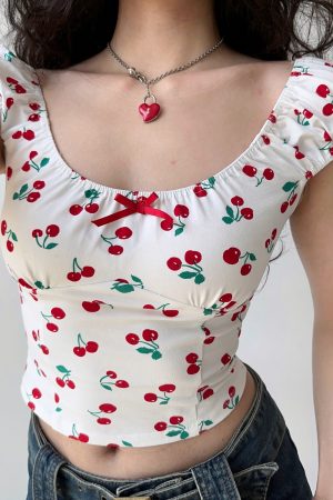 Sweet and Spicy Cherry Print Off-Shoulder Short Sleeve T-Shirt for Women - Summer Slim Fit European & American Style Top
