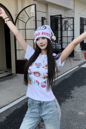 Sweet and Spicy Kitty Cat Short Sleeve T-Shirt for Women - American Style Slim Fit Top - 2025 Summer Versatile 90s Y2K Fashion