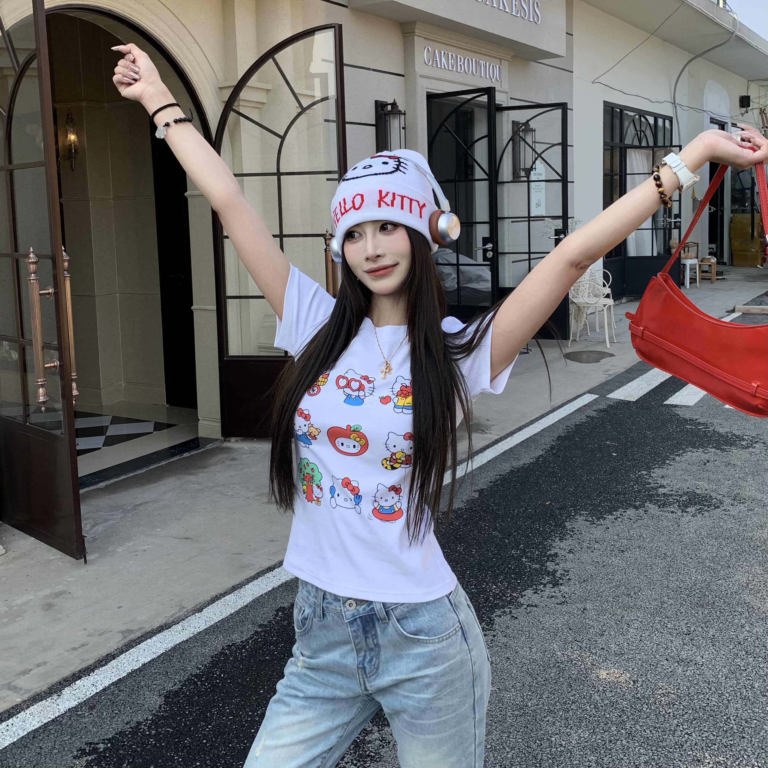 Sweet and Spicy Kitty Cat Short Sleeve T-Shirt for Women - American Style Slim Fit Top - 2025 Summer Versatile 90s Y2K Fashion