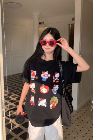 Sweet and Spicy Kitty Cat Short Sleeve T-Shirt for Women - American Style Slim Fit Top - 2025 Summer Versatile 90s Y2K Fashion