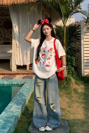 Sweet and Spicy Kitty Cat Short Sleeve T-Shirt for Women - American Style Slim Fit Top - 2025 Summer Versatile 90s Y2K Fashion