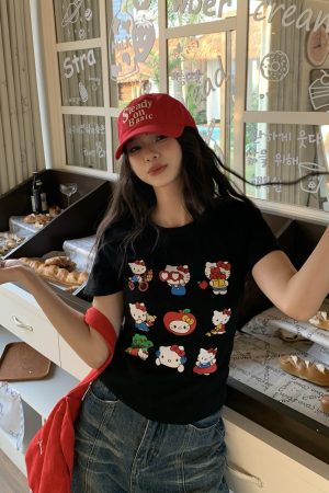 Sweet and Spicy Kitty Cat Short Sleeve T-Shirt for Women - American Style Slim Fit Top - 2025 Summer Versatile 90s Y2K Fashion