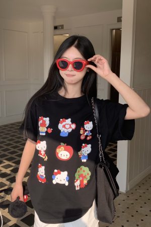 Sweet and Spicy Kitty Cat Short Sleeve T-Shirt for Women - American Style Slim Fit Top - 2025 Summer Versatile 90s Y2K Fashion