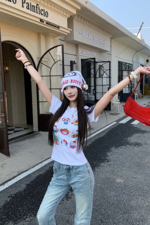 Sweet and Spicy Kitty Cat Short Sleeve T-Shirt for Women - American Style Slim Fit Top - 2025 Summer Versatile 90s Y2K Fashion