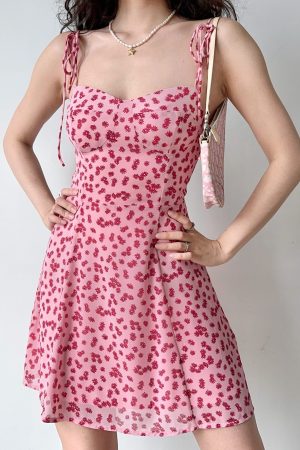 Sweet and Spicy Pink Floral Spaghetti Strap Dress for Women - A-Line Short Summer Dress with Shoulder Tie - European & American Style