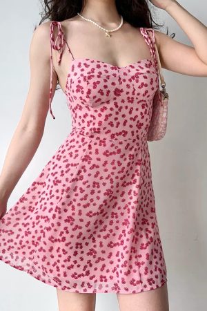 Sweet and Spicy Pink Floral Spaghetti Strap Dress for Women - A-Line Short Summer Dress with Shoulder Tie - European & American Style