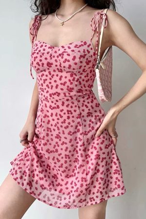 Sweet and Spicy Pink Floral Spaghetti Strap Dress for Women - A-Line Short Summer Dress with Shoulder Tie - European & American Style