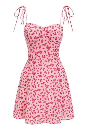 Sweet and Spicy Pink Floral Spaghetti Strap Dress for Women - A-Line Short Summer Dress with Shoulder Tie - European & American Style