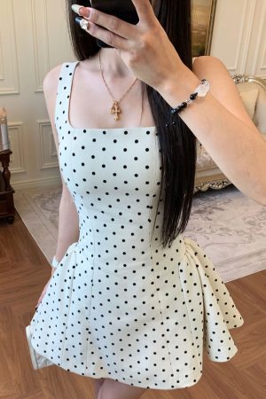 Sweet Apricot Polka Dot Square Neck Strap Dress for Women - Spring Summer French Style, Waist-Defined, Short Skirt, 90s Inspired