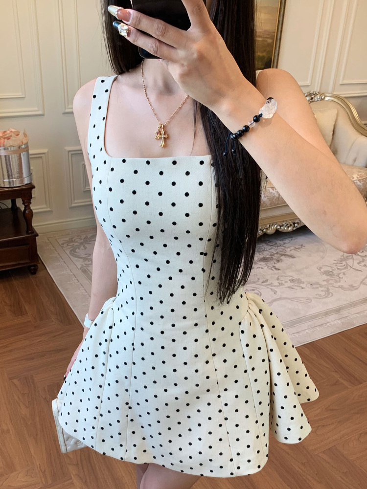 Sweet Apricot Polka Dot Square Neck Strap Dress for Women - Spring Summer French Style, Waist-Defined, Short Skirt, 90s Inspired Sweet Apricot Polka Dot Square Neck Strap Dress for Women - Spring Summer French Style, Waist-Defined, Short Skirt, 90s Inspired