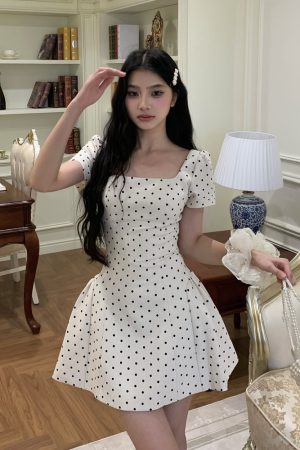 Sweet Apricot Polka Dot Square Neck Strap Dress for Women - Spring Summer French Style, Waist-Defined, Short Skirt, 90s Inspired