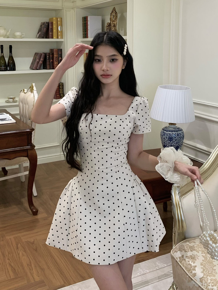 Sweet Apricot Polka Dot Square Neck Strap Dress for Women - Spring Summer French Style, Waist-Defined, Short Skirt, 90s Inspired Sweet Apricot Polka Dot Square Neck Strap Dress for Women - Spring Summer French Style, Waist-Defined, Short Skirt, 90s Inspired
