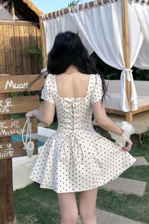 Sweet Apricot Polka Dot Square Neck Strap Dress for Women - Spring Summer French Style, Waist-Defined, Short Skirt, 90s Inspired