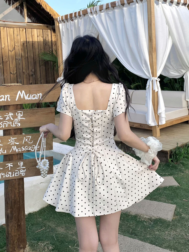 Sweet Apricot Polka Dot Square Neck Strap Dress for Women - Spring Summer French Style, Waist-Defined, Short Skirt, 90s Inspired Sweet Apricot Polka Dot Square Neck Strap Dress for Women - Spring Summer French Style, Waist-Defined, Short Skirt, 90s Inspired