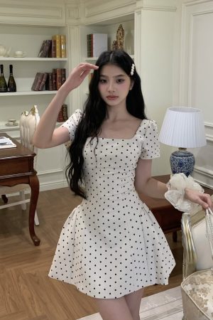 Sweet Apricot Polka Dot Square Neck Strap Dress for Women - Spring Summer French Style, Waist-Defined, Short Skirt, 90s Inspired