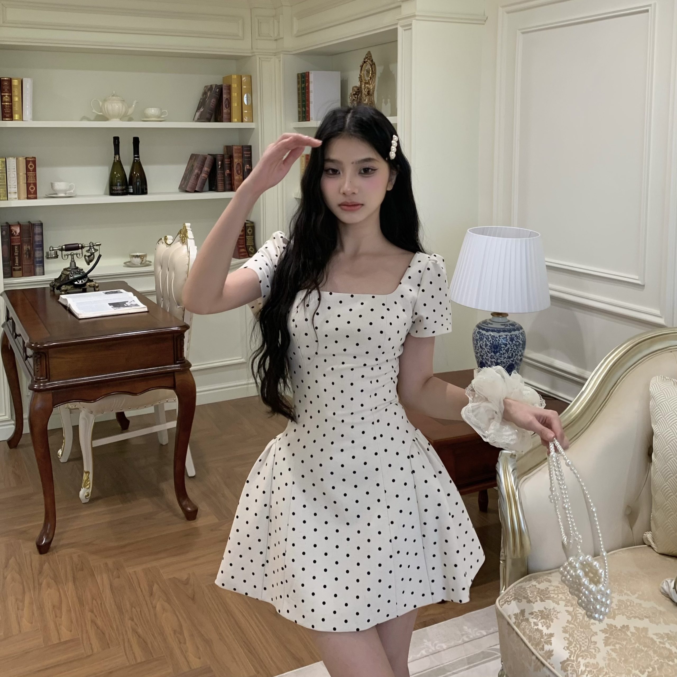 Sweet Apricot Polka Dot Square Neck Strap Dress for Women - Spring Summer French Style, Waist-Defined, Short Skirt, 90s Inspired Sweet Apricot Polka Dot Square Neck Strap Dress for Women - Spring Summer French Style, Waist-Defined, Short Skirt, 90s Inspired