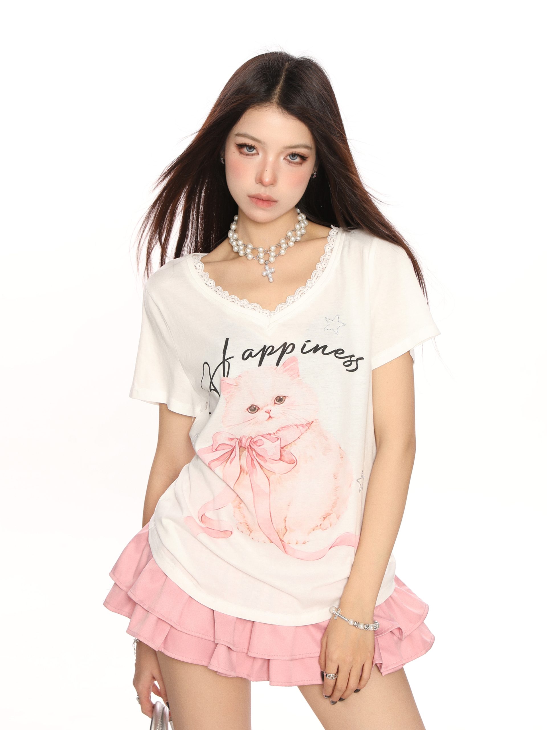 Sweet Cartoon Cat Lace Trim Short Sleeve T-Shirt for Women - Summer Casual Loose Top in Y2K Lazy Style Sweet Cartoon Cat Lace Trim Short Sleeve T-Shirt for Women - Summer Casual Loose Top in Y2K Lazy Style