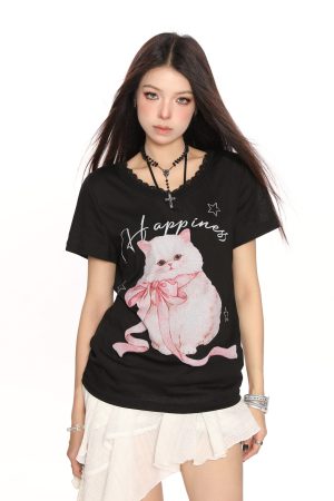 Sweet Cartoon Cat Lace Trim Short Sleeve T-Shirt for Women - Summer Casual Loose Top in Y2K Lazy Style