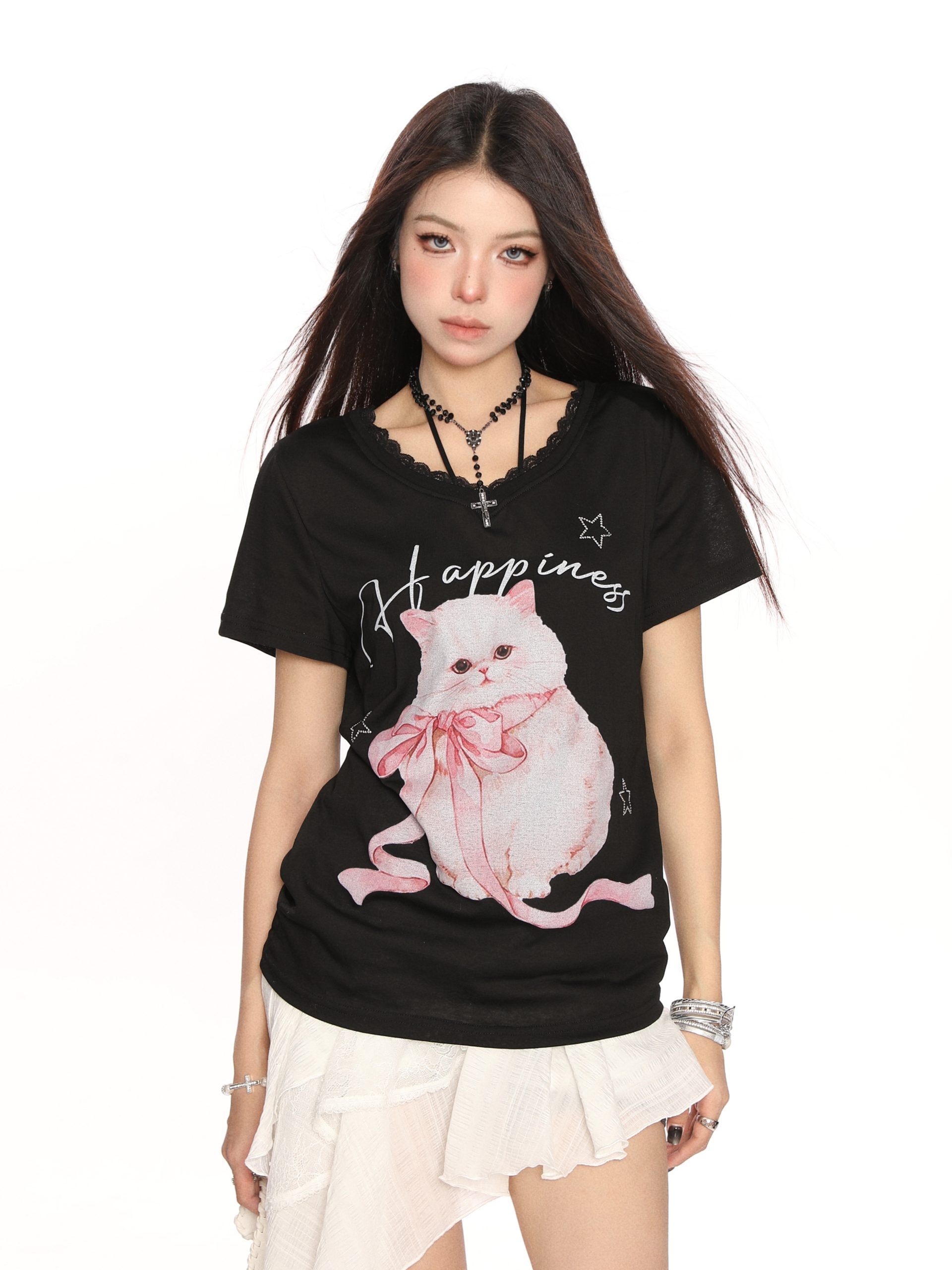 Sweet Cartoon Cat Lace Trim Short Sleeve T-Shirt for Women - Summer Casual Loose Top in Y2K Lazy Style Sweet Cartoon Cat Lace Trim Short Sleeve T-Shirt for Women - Summer Casual Loose Top in Y2K Lazy Style