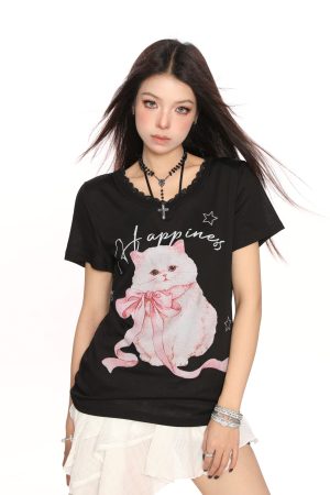 Sweet Cartoon Cat Lace Trim Short Sleeve T-Shirt for Women - Summer Casual Loose Top in Y2K Lazy Style