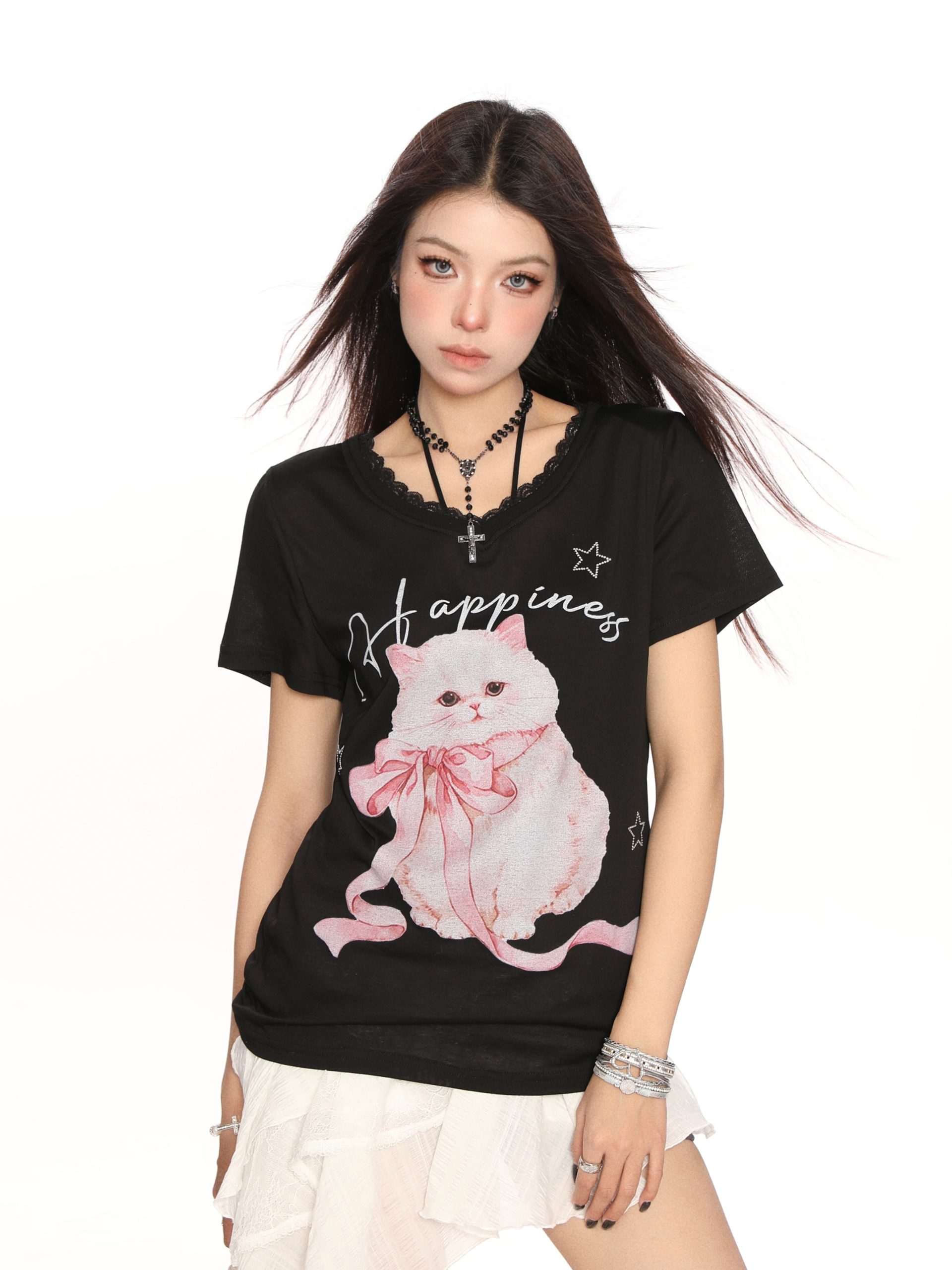 Sweet Cartoon Cat Lace Trim Short Sleeve T-Shirt for Women - Summer Casual Loose Top in Y2K Lazy Style Sweet Cartoon Cat Lace Trim Short Sleeve T-Shirt for Women - Summer Casual Loose Top in Y2K Lazy Style