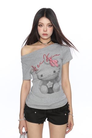 Sweet Cool Cartoon Hello Kitty Off-Shoulder Short Sleeve T-Shirt for Women - Slimming Chic Summer Top, Y2K Style