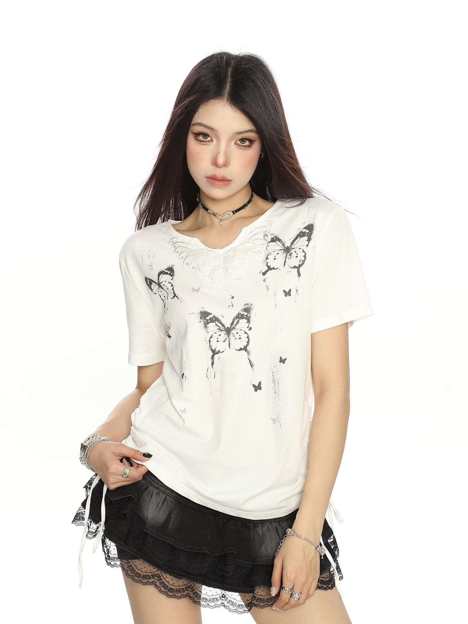 Sweet Cool Ink Painting Butterfly Short Sleeve T-Shirt for Women - Summer Drawstring Waist Casual Top, Trendy Y2K Style Sweet Cool Ink Painting Butterfly Short Sleeve T-Shirt for Women - Summer Drawstring Waist Casual Top, Trendy Y2K Style
