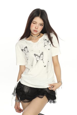 Sweet Cool Ink Painting Butterfly Short Sleeve T-Shirt for Women - Summer Drawstring Waist Casual Top, Trendy Y2K Style