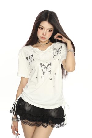 Sweet Cool Ink Painting Butterfly Short Sleeve T-Shirt for Women - Summer Drawstring Waist Casual Top, Trendy Y2K Style