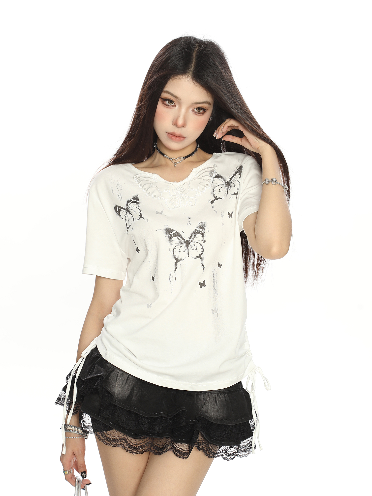 Sweet Cool Ink Painting Butterfly Short Sleeve T-Shirt for Women - Summer Drawstring Waist Casual Top, Trendy Y2K Style Sweet Cool Ink Painting Butterfly Short Sleeve T-Shirt for Women - Summer Drawstring Waist Casual Top, Trendy Y2K Style