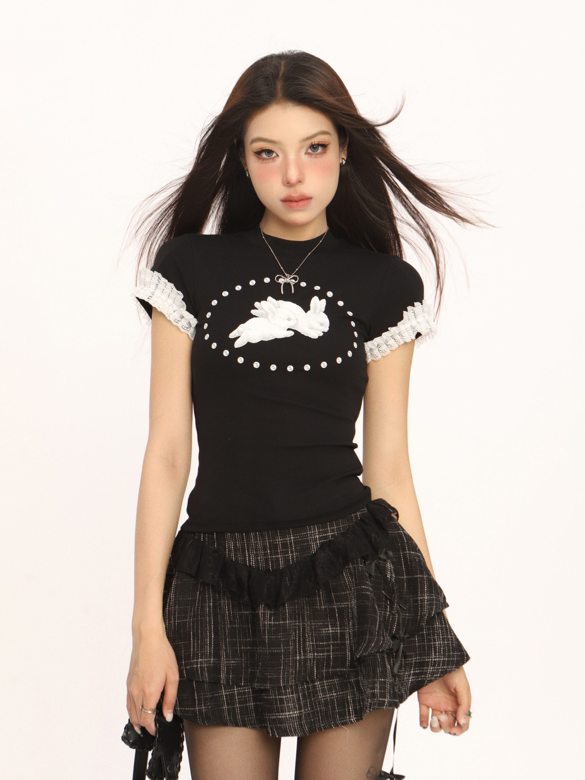 Sweet Cool Lace Spliced Rabbit Shoulder Short Sleeve T-Shirt for Women - Y2K Slim Fit Summer Top Sweet Cool Lace Spliced Rabbit Shoulder Short Sleeve T-Shirt for Women - Y2K Slim Fit Summer Top