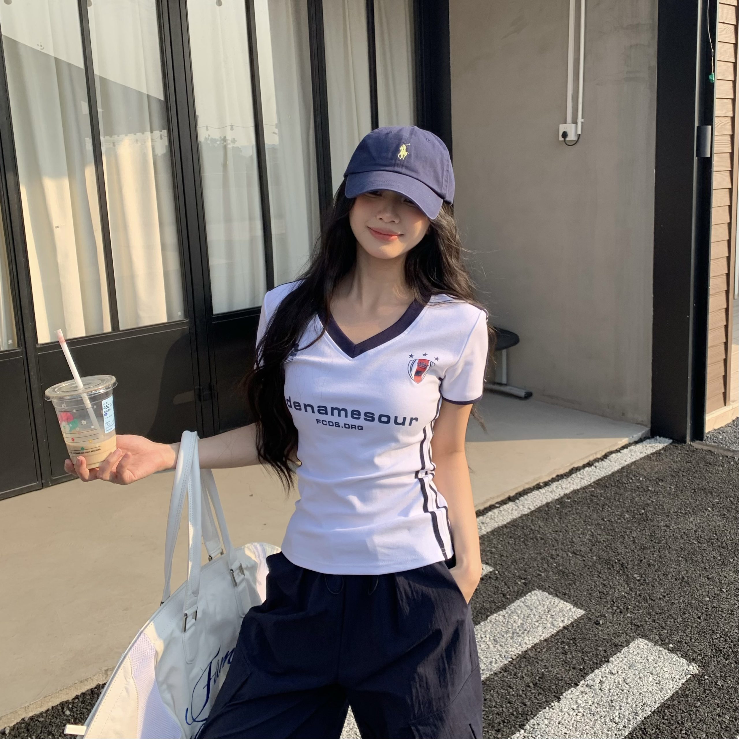 Sweet Cool Three Stripe V-Neck Short Sleeve T-Shirt for Women - Slim Fit American Style Summer 2025 Top Sweet Cool Three Stripe V-Neck Short Sleeve T-Shirt for Women - Slim Fit American Style Summer 2025 Top