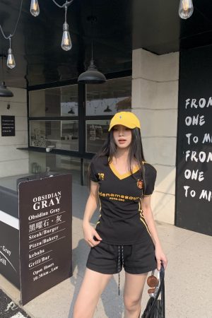 Sweet Cool Three Stripe V-Neck Short Sleeve T-Shirt for Women - Slim Fit American Style Summer 2025 Top