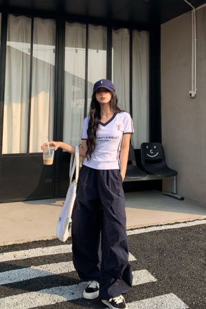 Sweet Cool Three Stripe V-Neck Short Sleeve T-Shirt for Women - Slim Fit American Style Summer 2025 Top