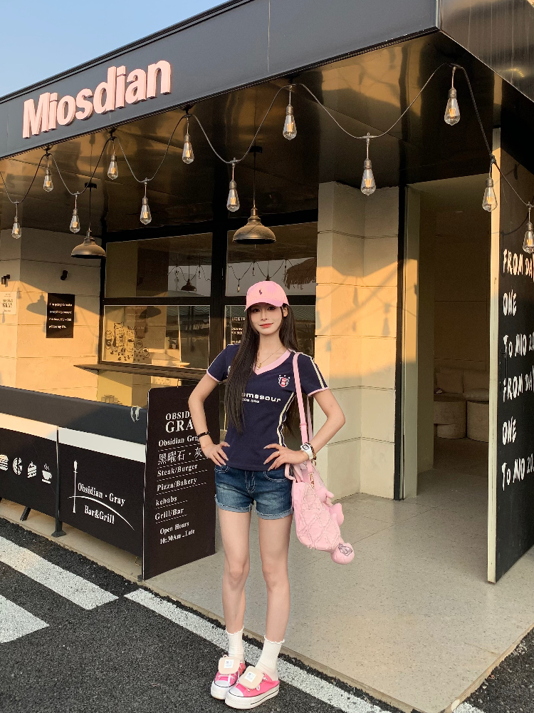 Sweet Cool Three Stripe V-Neck Short Sleeve T-Shirt for Women - Slim Fit American Style Summer 2025 Top Sweet Cool Three Stripe V-Neck Short Sleeve T-Shirt for Women - Slim Fit American Style Summer 2025 Top