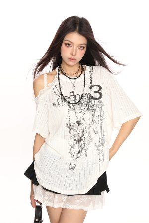 Sweet Cool Y2K Lace Off-Shoulder Short Sleeve T-Shirt for Women - Summer Loose Slimming Top in Trendy Casual Style