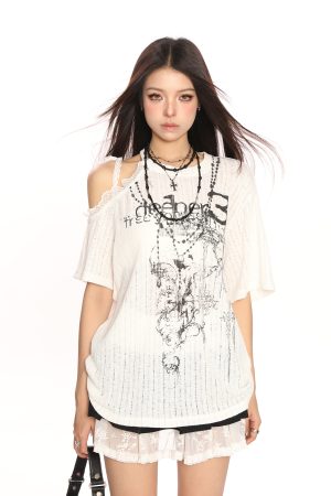 Sweet Cool Y2K Lace Off-Shoulder Short Sleeve T-Shirt for Women - Summer Loose Slimming Top in Trendy Casual Style