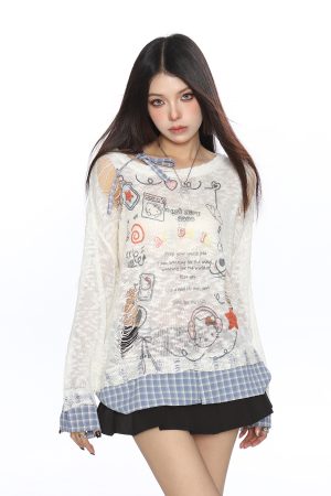 Sweet Dopamine Ripped Thin Long Sleeve T-Shirt for Women - Summer Breathable Tie Fake Two-Piece Top, Y2K Casual Style