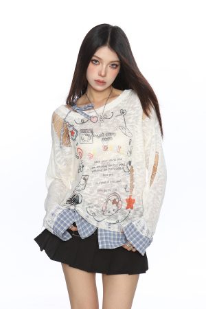 Sweet Dopamine Ripped Thin Long Sleeve T-Shirt for Women - Summer Breathable Tie Fake Two-Piece Top, Y2K Casual Style