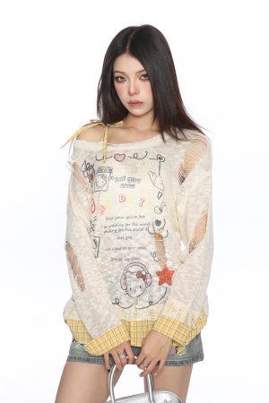 Sweet Dopamine Ripped Thin Long Sleeve T-Shirt for Women - Summer Breathable Tie Fake Two-Piece Top, Y2K Casual Style