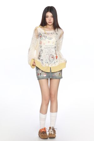 Sweet Dopamine Ripped Thin Long Sleeve T-Shirt for Women - Summer Breathable Tie Fake Two-Piece Top, Y2K Casual Style