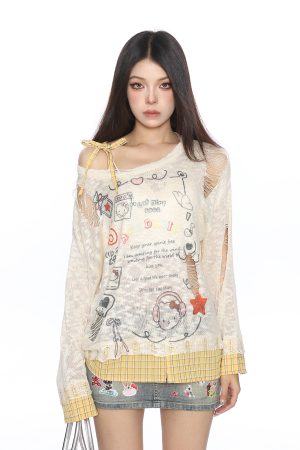 Sweet Dopamine Ripped Thin Long Sleeve T-Shirt for Women - Summer Breathable Tie Fake Two-Piece Top, Y2K Casual Style