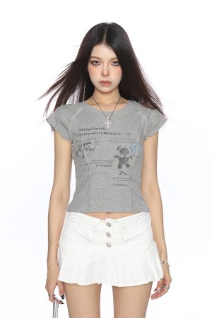 Sweet Korean-Style Graffiti Flutter Sleeve Short Sleeve T-shirt for Women, Slimming Summer Top, Trendy Y2K Fashion