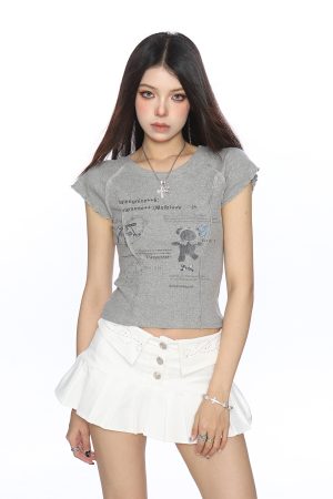Sweet Korean-Style Graffiti Flutter Sleeve Short Sleeve T-shirt for Women, Slimming Summer Top, Trendy Y2K Fashion