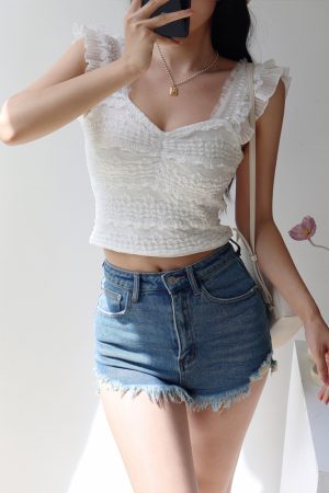 Sweet Lace Waist-Defining Flutter Sleeve Camisole Top - French Fairy Style, Slimming Design, Perfect for 90s and Y2K Fashion Lovers